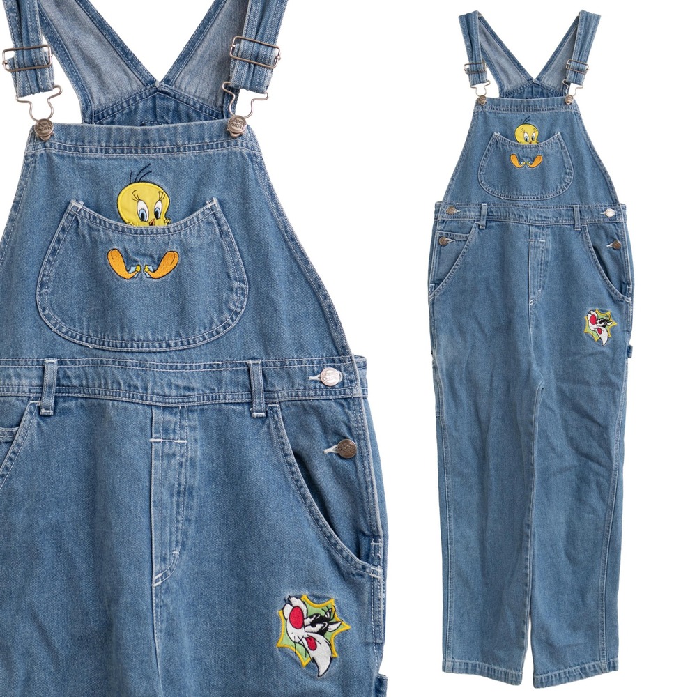 VTG 90s Looney Tunes Tweety Bird Sylvester Denim Overalls Youth 14 Retro KidCore